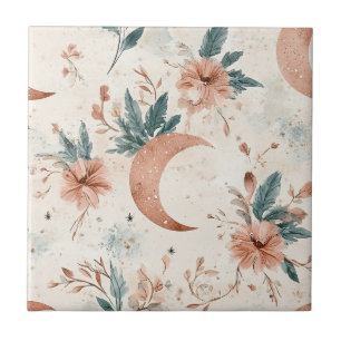 Azulejo Terracota Crema Luna Creciente Floral Celestial