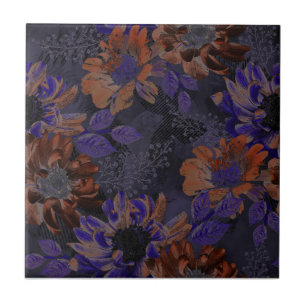 Azulejo Terracota, flores púrpura sobre un gris aterciopel
