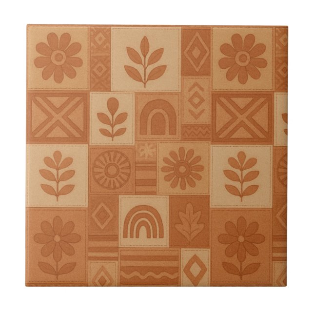 Azulejo Terracotta Patchwork Quilt Rustic Farmhouse Floral (Frente)