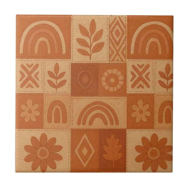 Azulejo Terracotta Patchwork Quilt Rustic Farmhouse Floral (Frente)