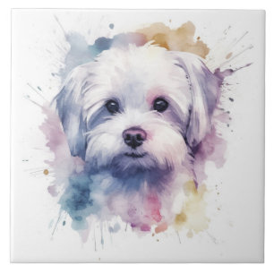 Azulejo Terrier Maltés acuarela perro mascota