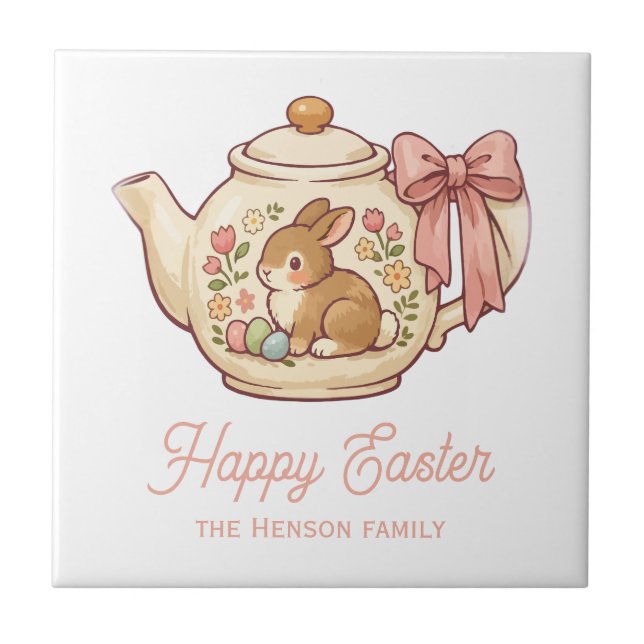 Azulejo Tetera Conejo de Pascua Personalizada Floral  (Frente)