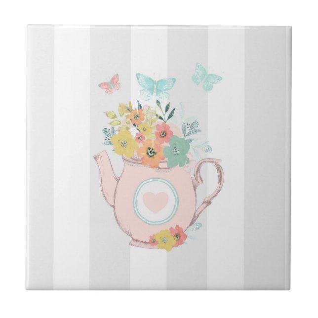 Azulejo Tetera rosa con flores y mariposas (Frente)