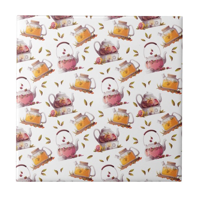 Azulejo Tetera y acuarela de hojas de té (Frente)