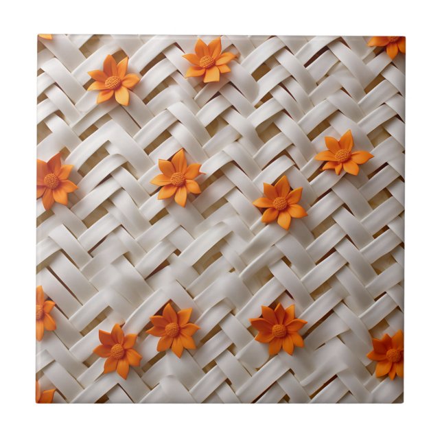 Azulejo Textura de cucharada blanca con flores Naranjas (Frente)