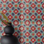 Azulejo Textura de piedra alterada Kaleidoscopio Geométric<br><div class="desc">Esta baldosa cerámica presenta un patrón geométrico abstracto que exuda un sentido de equilibrio y precisión. El diseño recuerda a las imágenes caleidoscópicas, con formas simétricas que irradian desde el centro en una armoniosa explosión de rojo, azul, verde azulado y beige. El fondo tiene una textura angustiada, lo que le...</div>