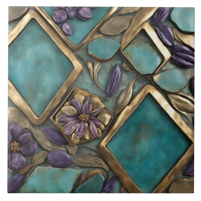 Azulejo Textured Floral Artwork in Turquoise and Gold (Frente)
