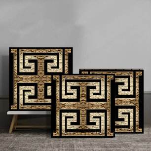 Azulejo Textured Greek Key Seamless Pattern in Gold and Bl