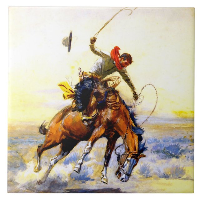 Azulejo “The Bucker” Arte Occidental de Charles M Russell (Frente)