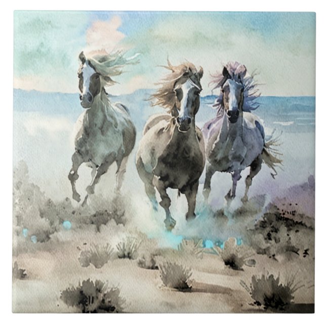 Azulejo Three Wild Horses Race Across a Dusty Prairie (Frente)
