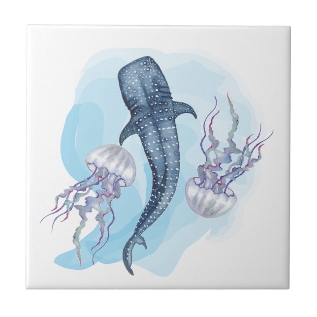 Azulejo Tiburón Ballena. Acuarela (Frente)