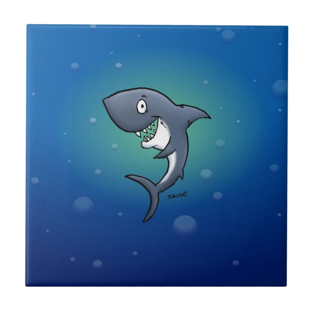 Azulejo Tiburón gracioso sonriente con fondo azul (Frente)