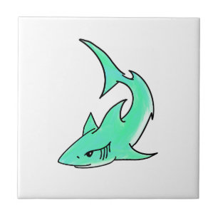 Azulejo tiburón sonriente de dibujos animados azul verde m