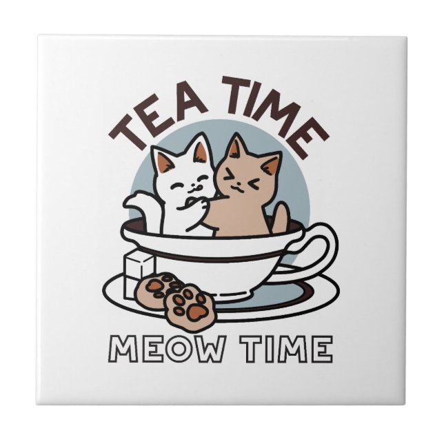 Azulejo Tiempo de embutido de té - Diseño de gato y té lin (Frente)