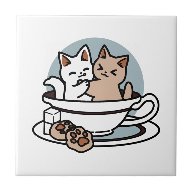 Azulejo Tiempo de embutido de té - Diseño de gato y té lin (Frente)