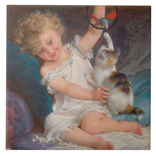 Azulejo Tiempo de juego: Chica jugando con su Mascota Kitt (Frente)