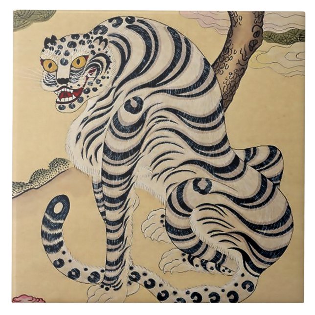 Azulejo Tigre a rayas coreano Minhwa (Frente)