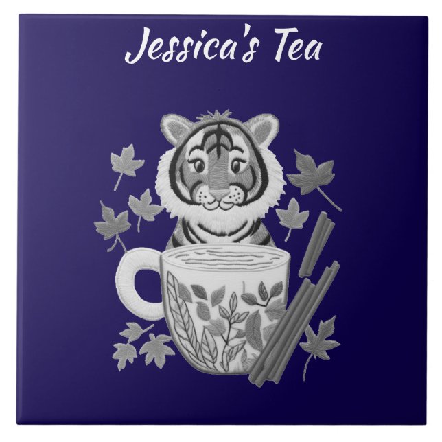 Azulejo Tigre Adorable con té de hierbas. Personalizar (Frente)