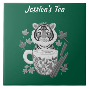 Azulejo Tigre Adorable con té de hierbas. Personalizar
