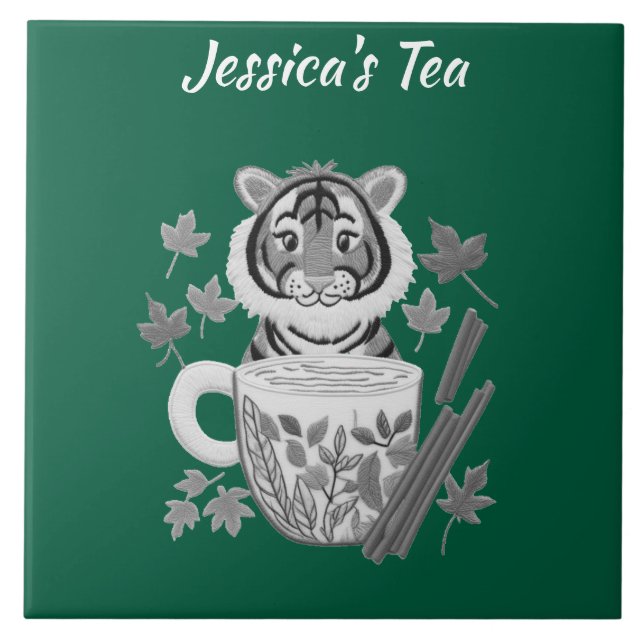 Azulejo Tigre Adorable con té de hierbas. Personalizar (Frente)