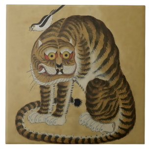 Azulejo Tigre agazapado Minhwa con Urraca