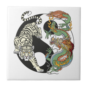 Azulejo Tigre blanco contra dragón verde en Yin yang