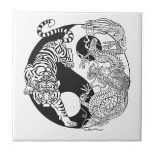 Azulejo Tigre blanco contra dragón verde en Yin yang ce