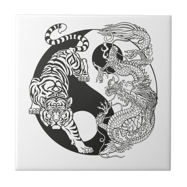 Azulejo Tigre blanco contra dragón verde en Yin yang ce (Frente)