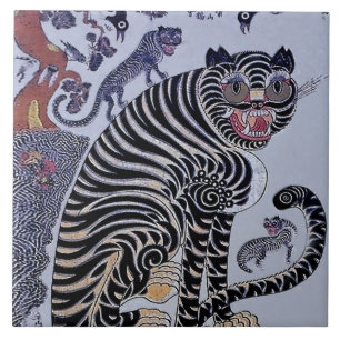Azulejo Tigre coreano Minhwa con tres cachorros