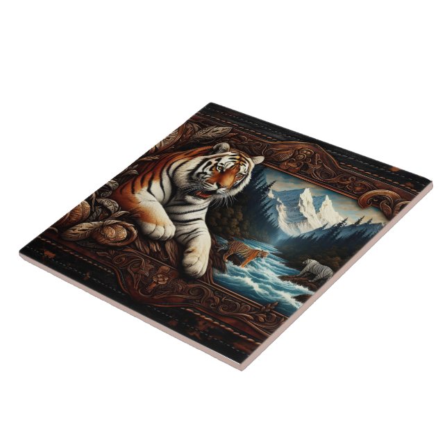 Azulejo Tigre de Bengala cerca del arroyo de la montaña (Lado)