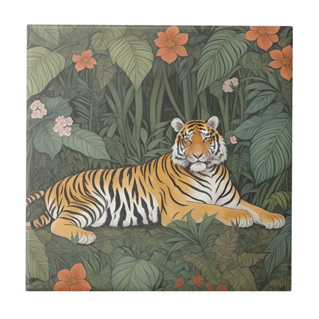 Azulejo Tigre floral en la selva verde (Frente)