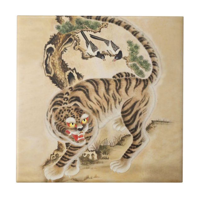 Azulejo Tigre Minhwa de época bajo árbol de pino (Frente)