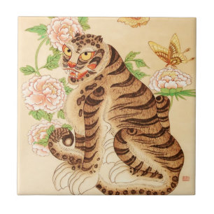 Azulejo Tigre Rayado Coreano Vintage Minhwa