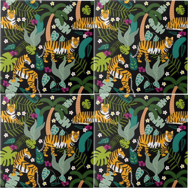 Azulejo Tigre tropical Gatos de Safari de la Selva Botánic (Tropical Tiger Black Botanical Jungle Safari Cats Ceramic Tile)