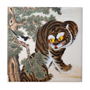 Azulejo Tigre y Urraca Minhwa bajo el Pino