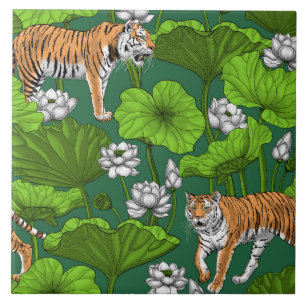 Azulejo Tigres en el estanque blanco de loto