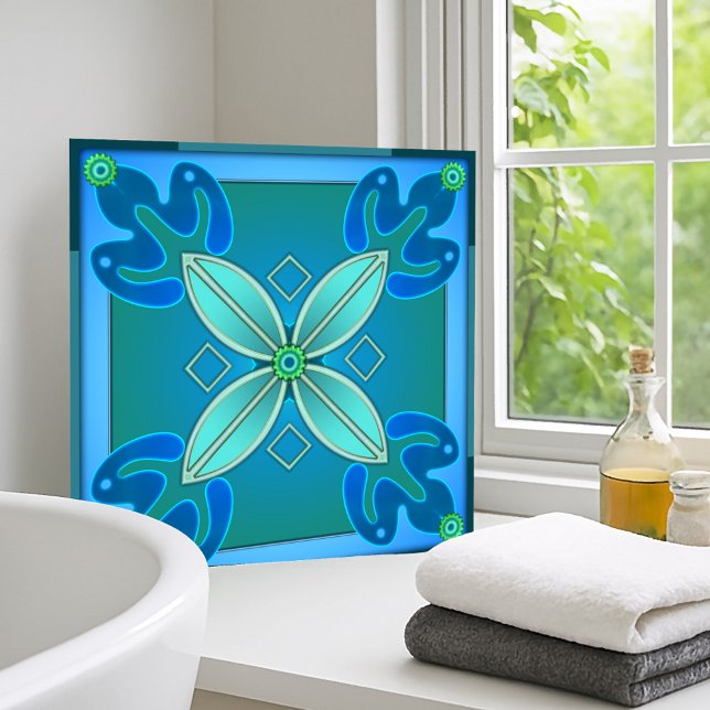 Azulejo Tile artístico de diseño floral Verde azulado (Modern geometric floral design tile for bathroom or kitchen in teal and blue green)