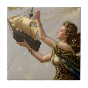 Azulejo Tile: Boat in Hand, Dress of Wine and Green 