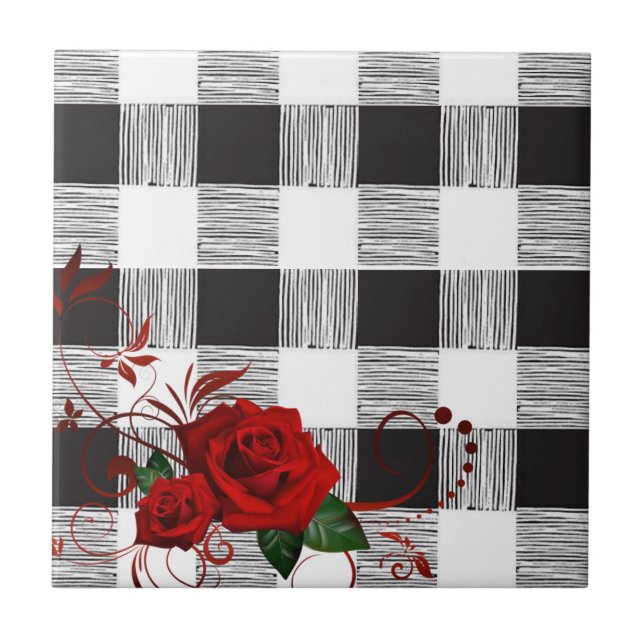 Azulejo Tile cerámico blanco y negro rosado de plaqueta (Frente)