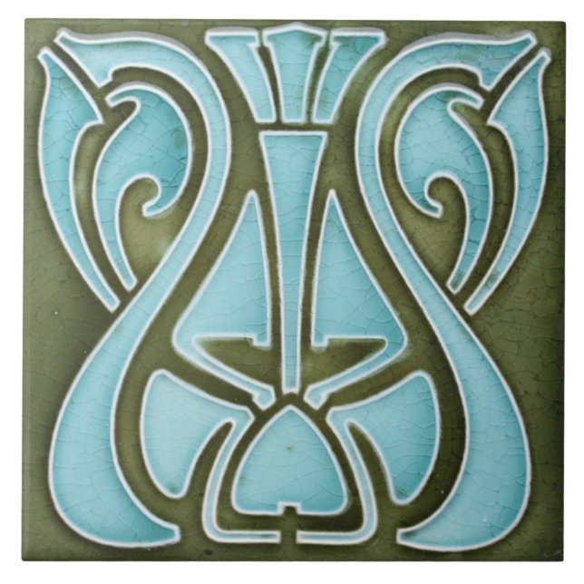Azulejo Tile cerámico - Diseño Art Nouveau Verde azulado V (Frente)