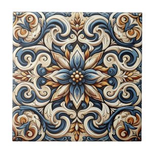 Azulejo Tile cerámico - Diseño azul, dorado y blanco