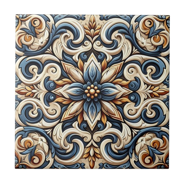 Azulejo Tile cerámico - Diseño azul, dorado y blanco (Frente)