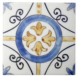 Azulejo Tile cerámico - Diseño floral azul y Naranja