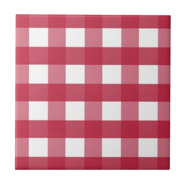 Azulejo Tile cerámico editable de Gingham rojo y blanco (Frente)