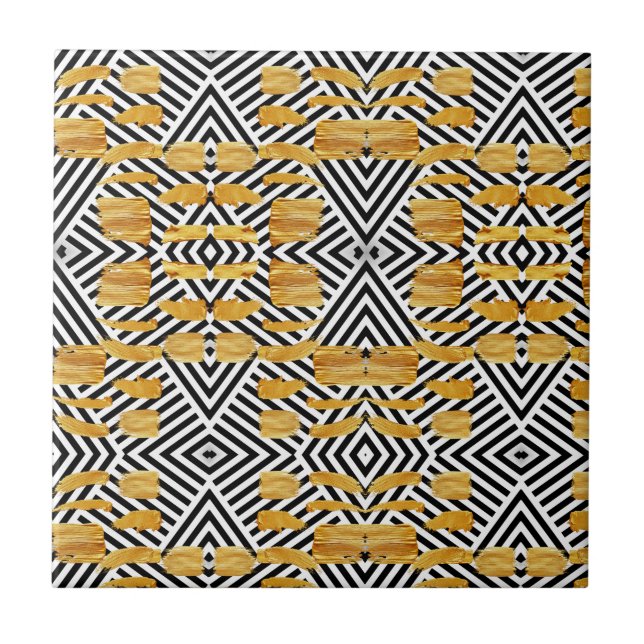 Azulejo Tile cerámico Patrón de oro de franja blanca y neg (Frente)