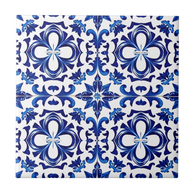 Azulejo Tile cerámico portugués tradicional azul y blanco (Frente)