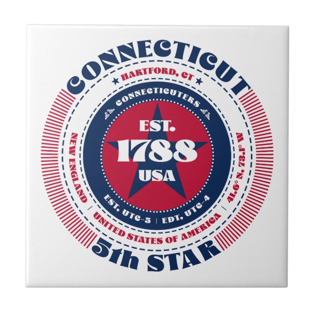 Azulejo Tile cerámico rojo, blanco y azul Connecticut (Frente)