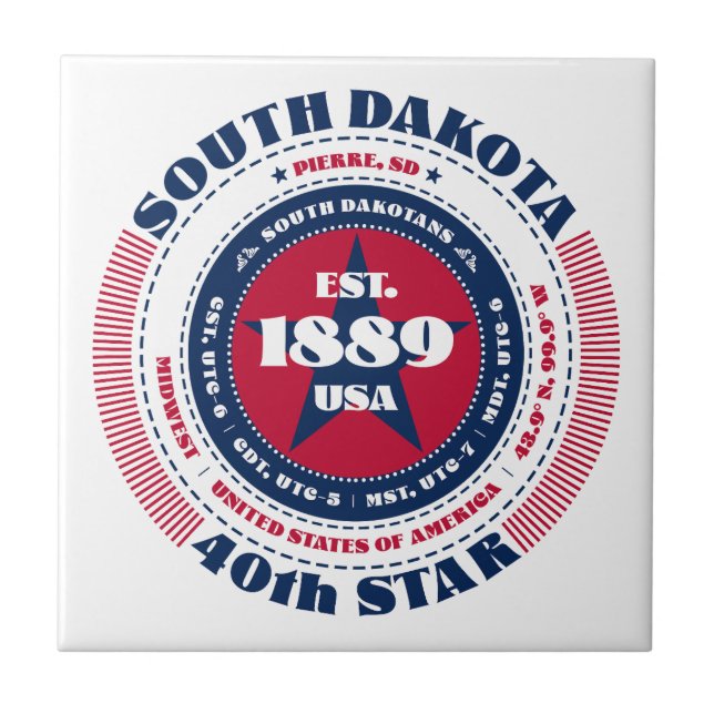 Azulejo Tile cerámico rojo, blanco y azul Dakota del Sur (Frente)