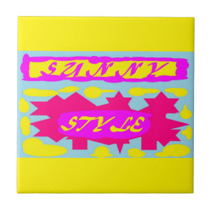 Azulejo Tile cerámico Rosa y amarillo con palabras vacacio