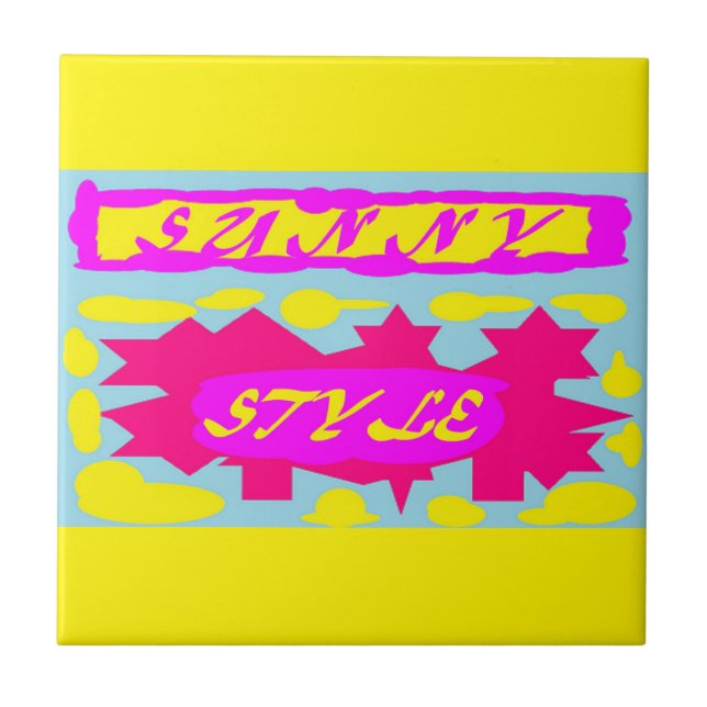 Azulejo Tile cerámico Rosa y amarillo con palabras vacacio (Frente)